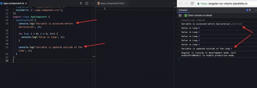 The variable is accessed before declaration and value is updated outside of the block